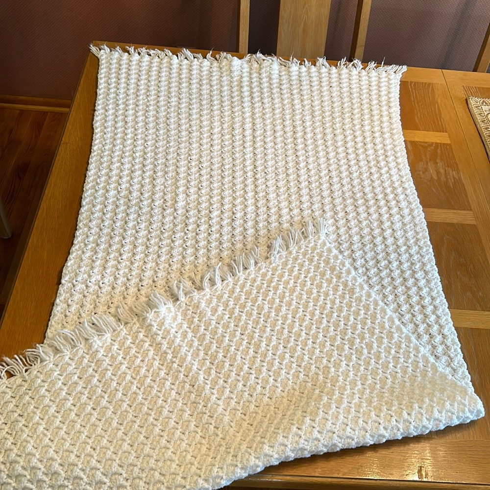 beautiful pristine white metallic thread crochet handmade baptism baby blanket